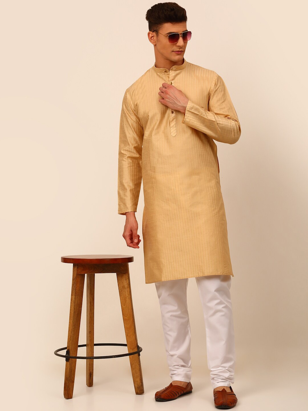 

Jompers Striped Thread Work Kurta With Churidar, Beige