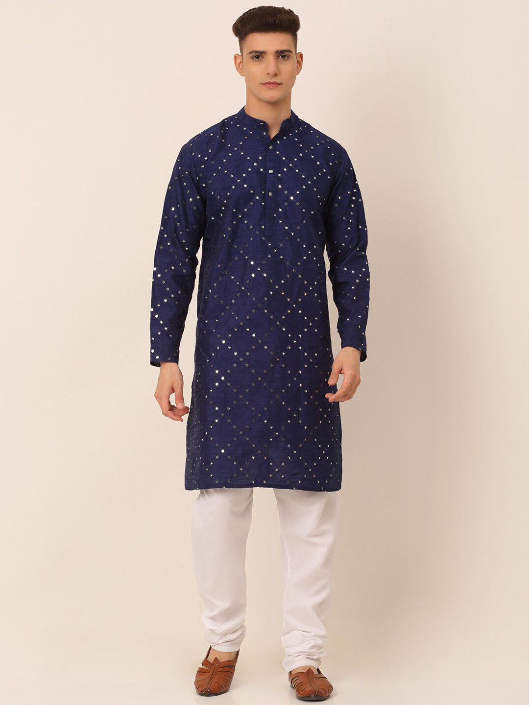 

Jompers Geometric Embroidered Mirror Work Dupion Silk Kurta With Churidar, Navy blue