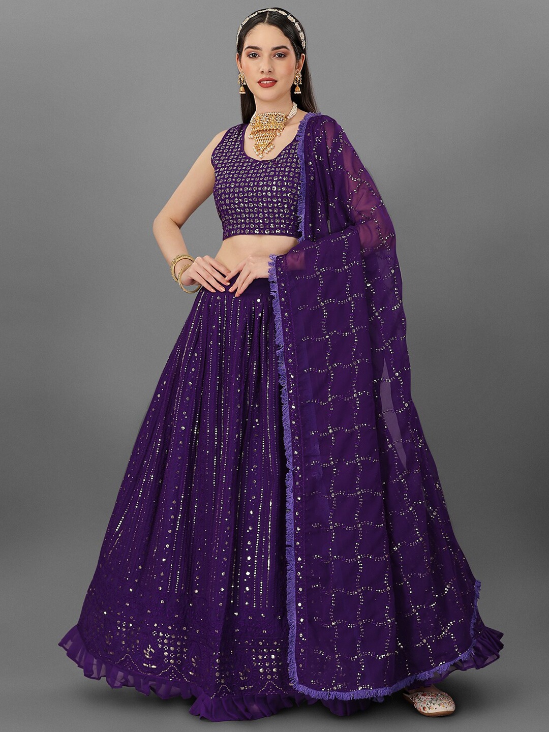 

Angroop Embellished Thread Work Semi-Stitched Lehenga & Unstitched Blouse With Dupatta, Purple