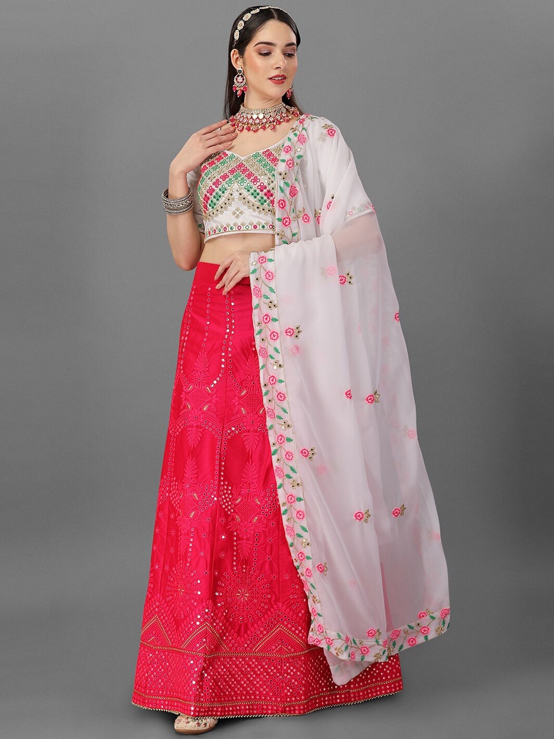 

Angroop Embellished Thread Work Semi-Stitched Lehenga & Unstitched Blouse With Dupatta, White
