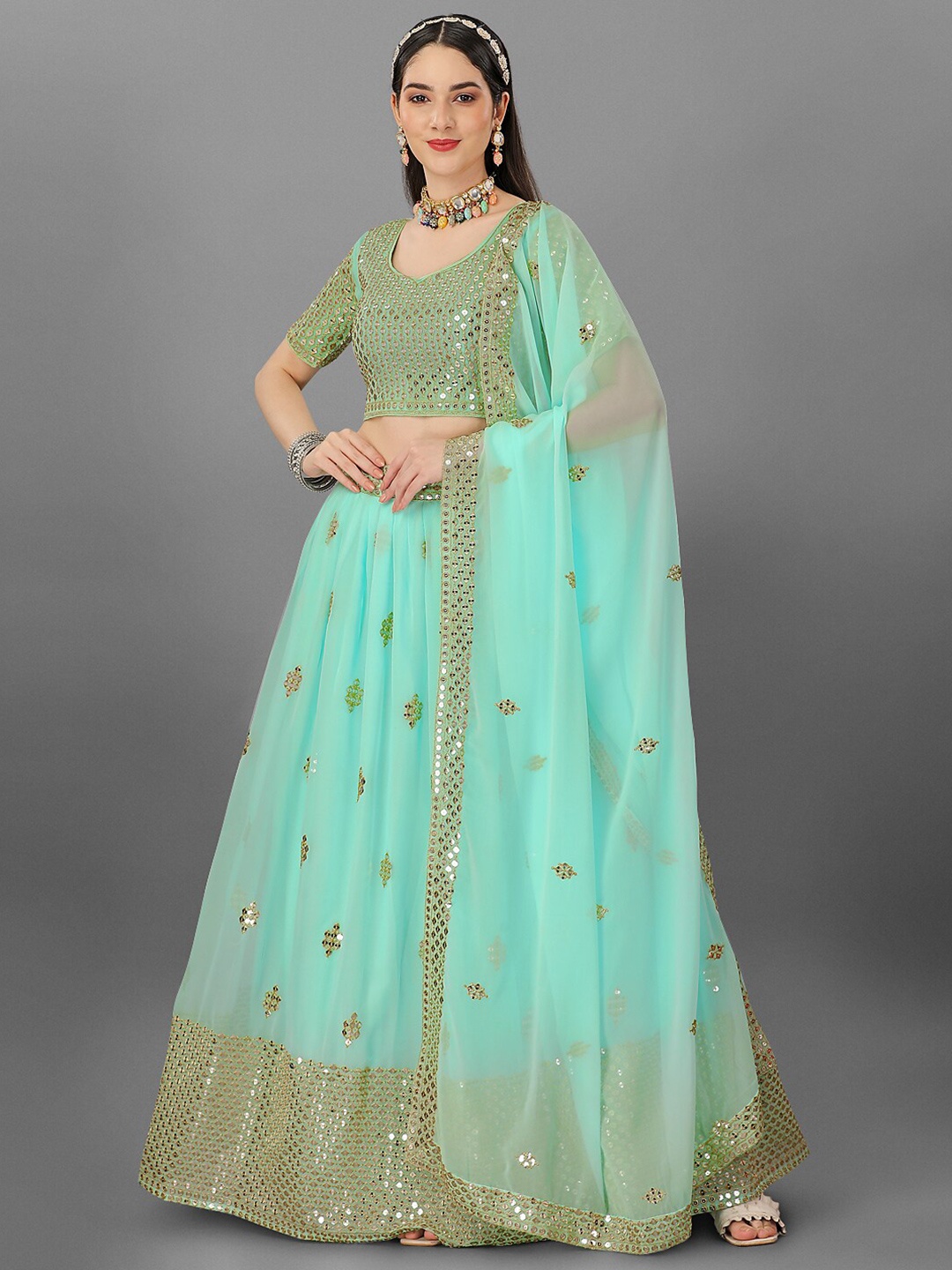 

Angroop Embellished Sequinned Semi-Stitched Lehenga Choli Blouse With, Turquoise blue