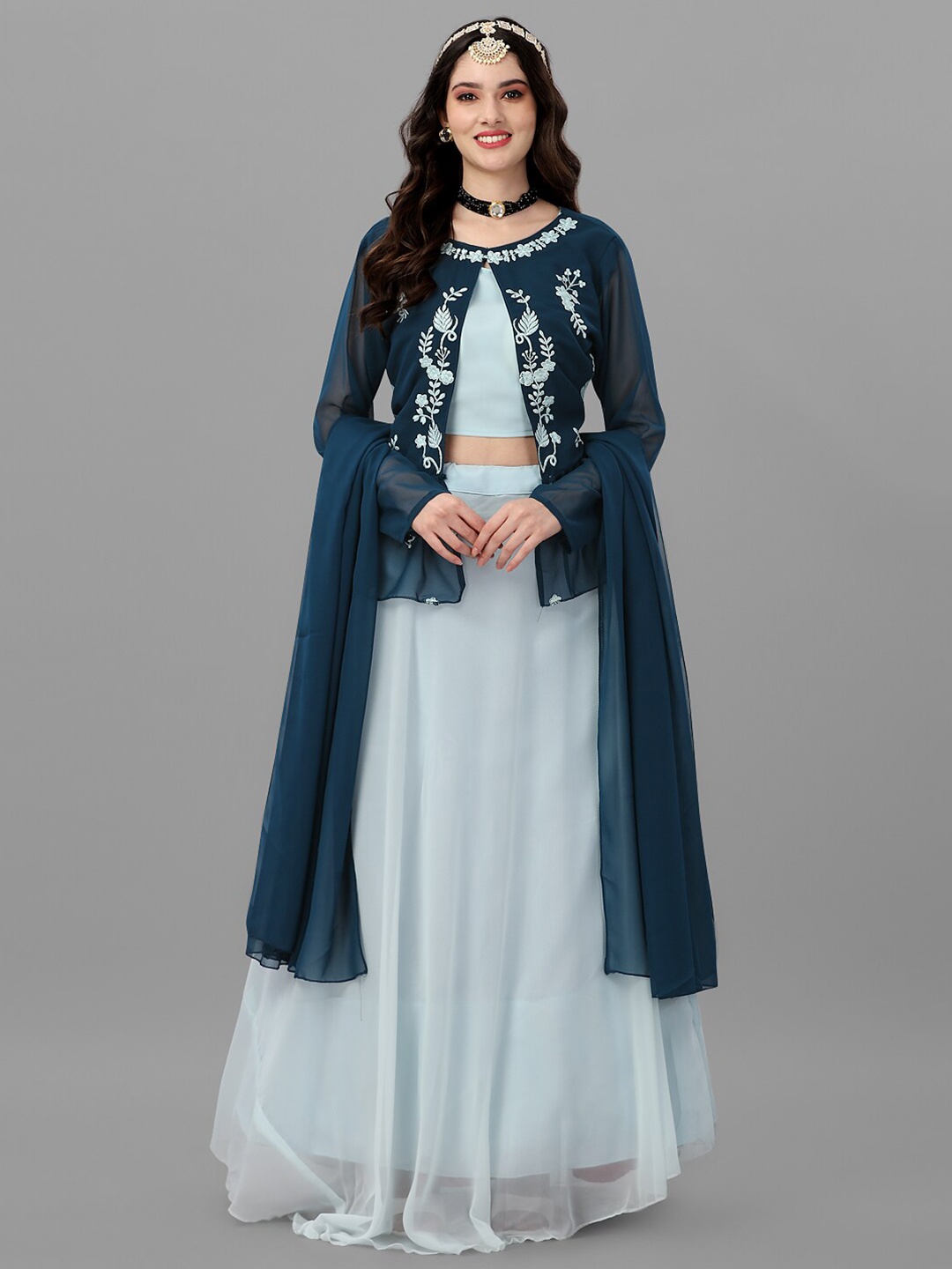 

Angroop Embroidered Semi-Stitched Lehenga & Unstitched Blouse With Dupatta, Turquoise blue