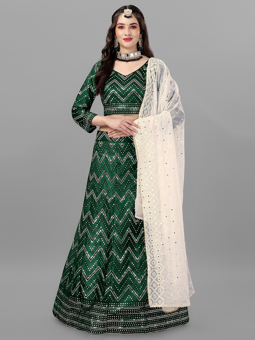 

Angroop Embellished Sequinned Semi-Stitched Lehenga & Blouse With Dupatta, Green