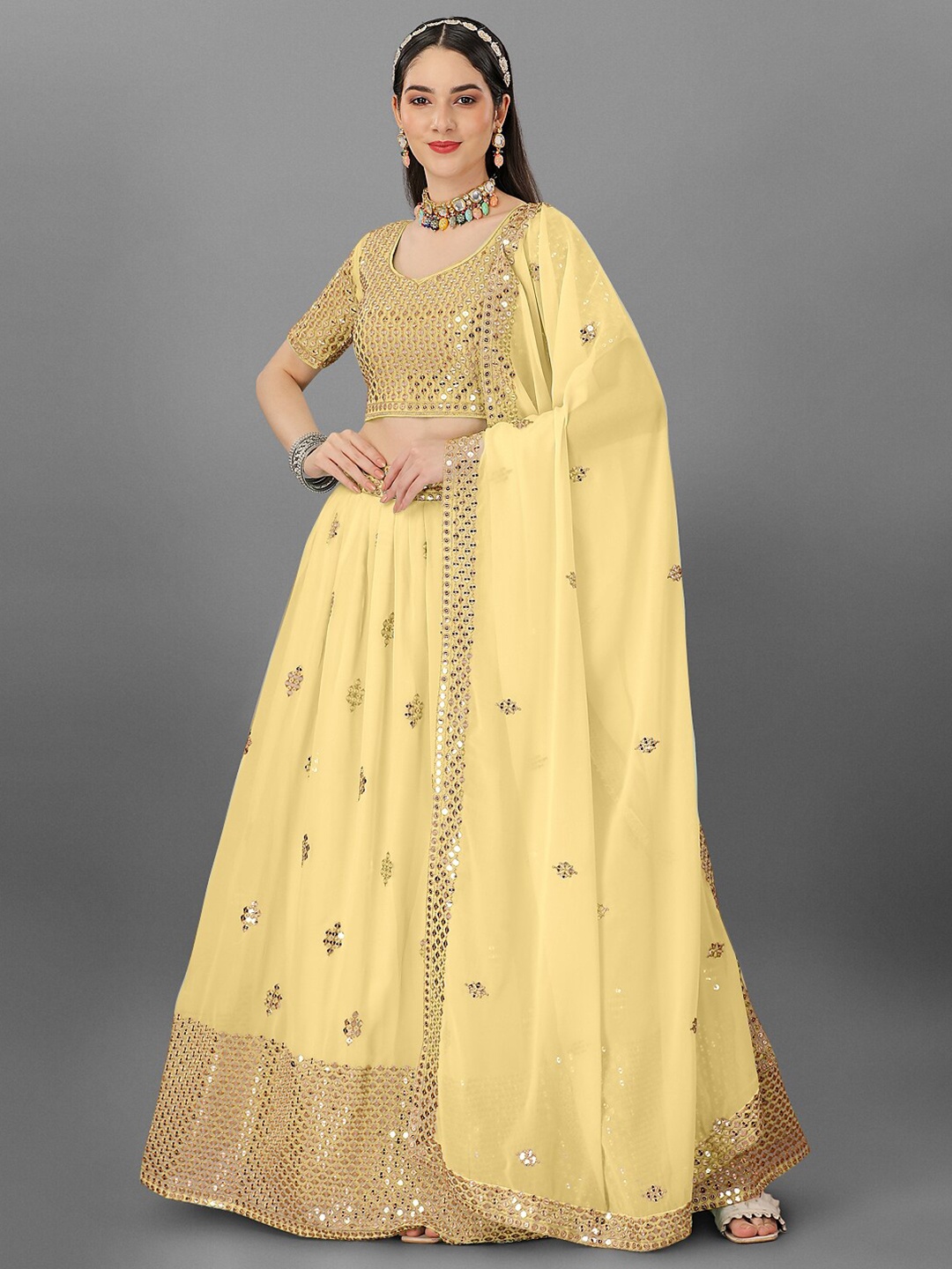 

Angroop Embroidered Semi-Stitched Lehenga & Unstitched Blouse With Dupatta, Yellow