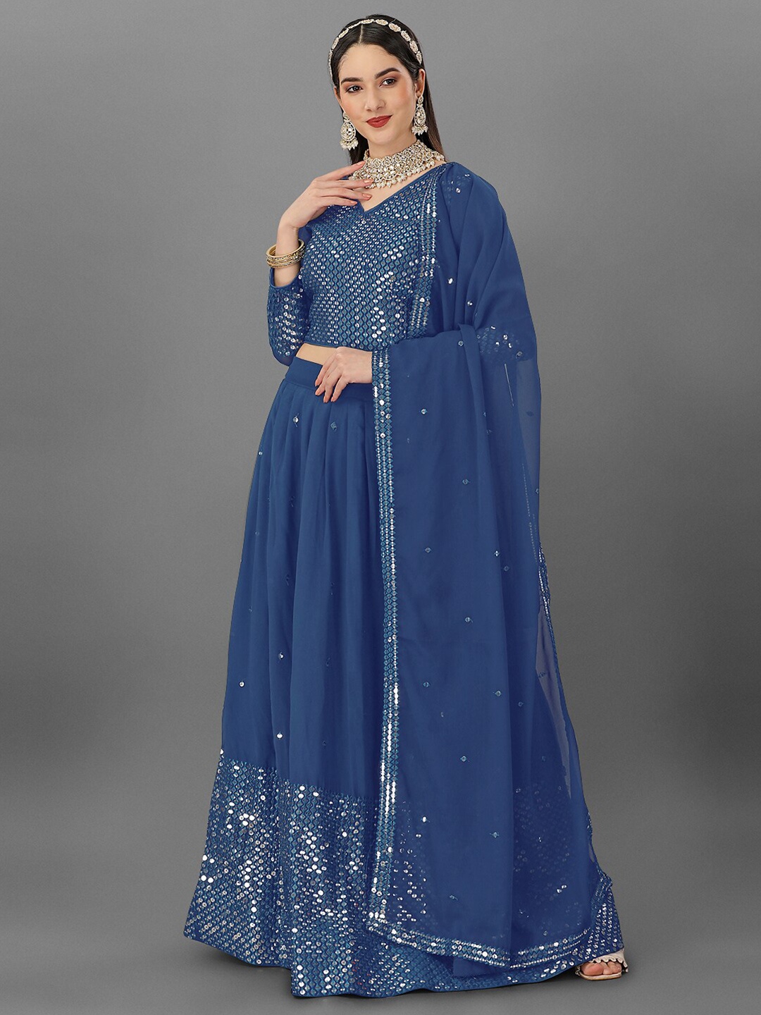 

Angroop Embellished Sequinned Semi-Stitched Lehenga & Unstitched Blouse With Dupatta, Blue
