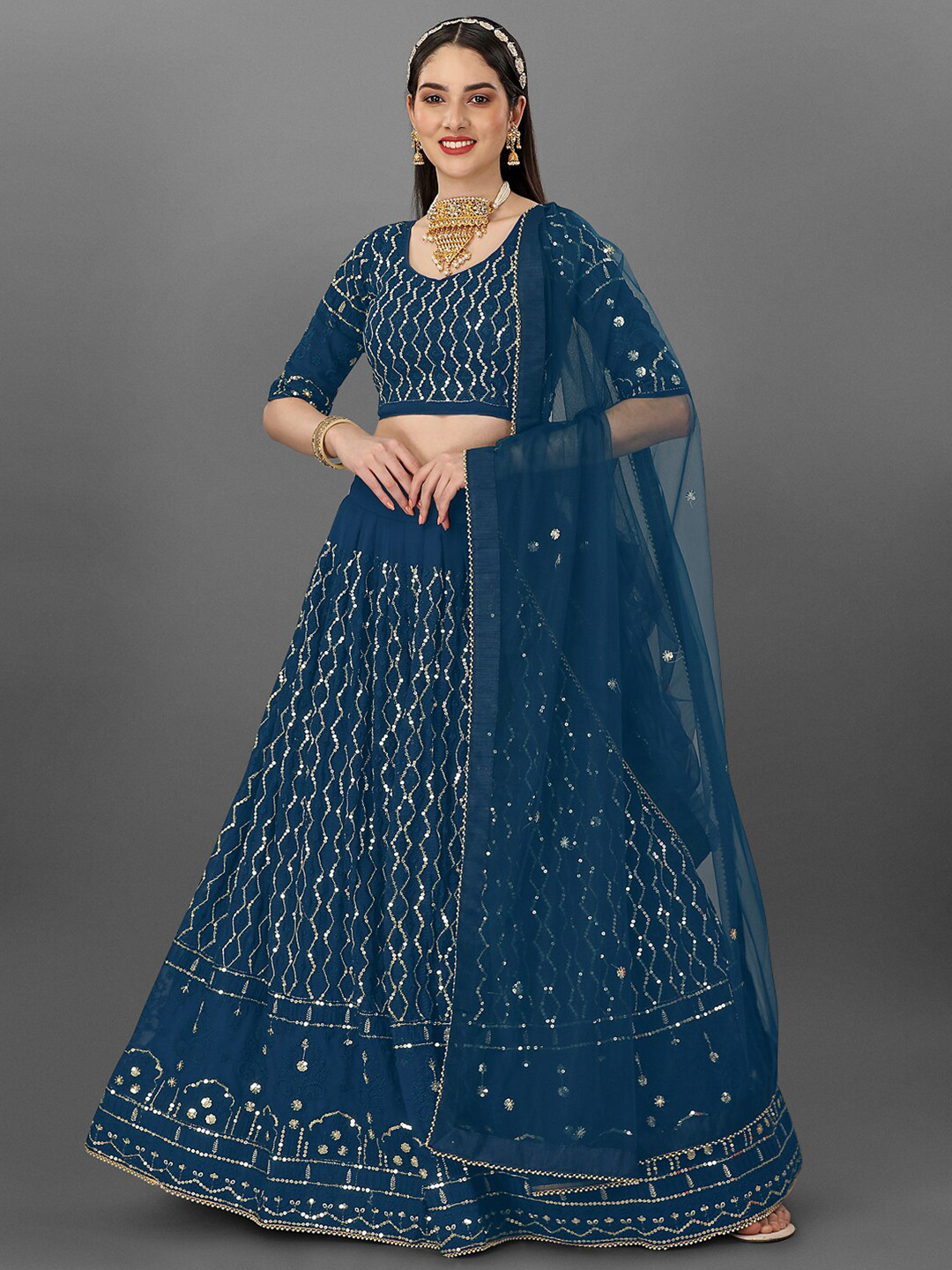

Angroop Embroidered Semi-Stitched Lehenga & Unstitched Blouse With Dupatta, Teal