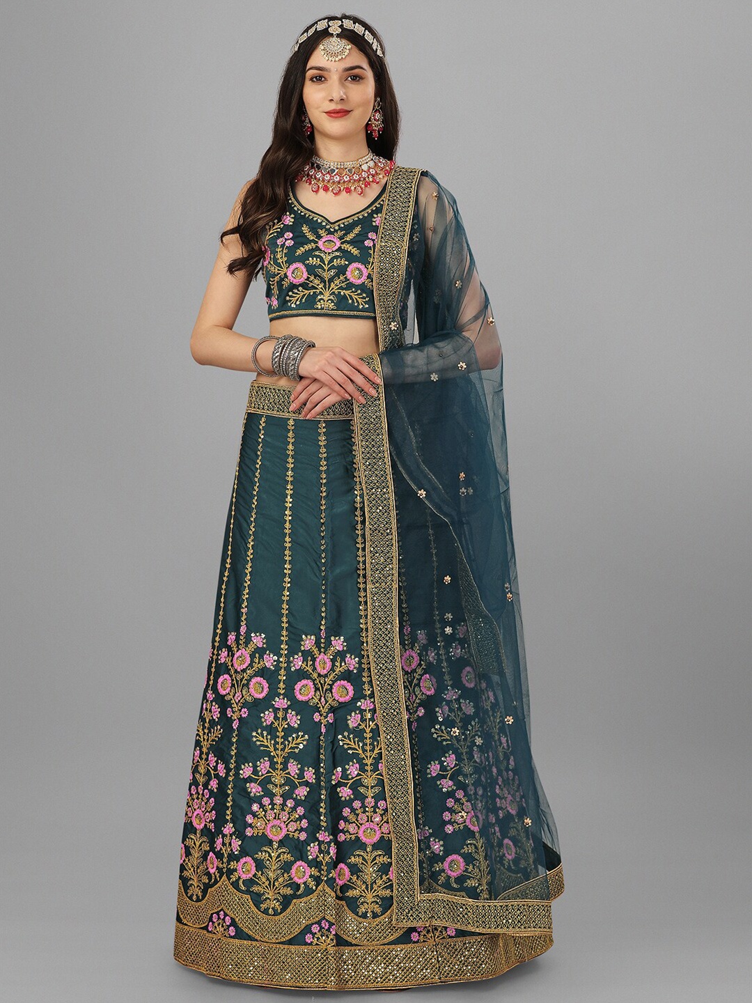 

Angroop Sequinned Embroidered Semi-Stitched Lehenga & Blouse With Dupatta, Green