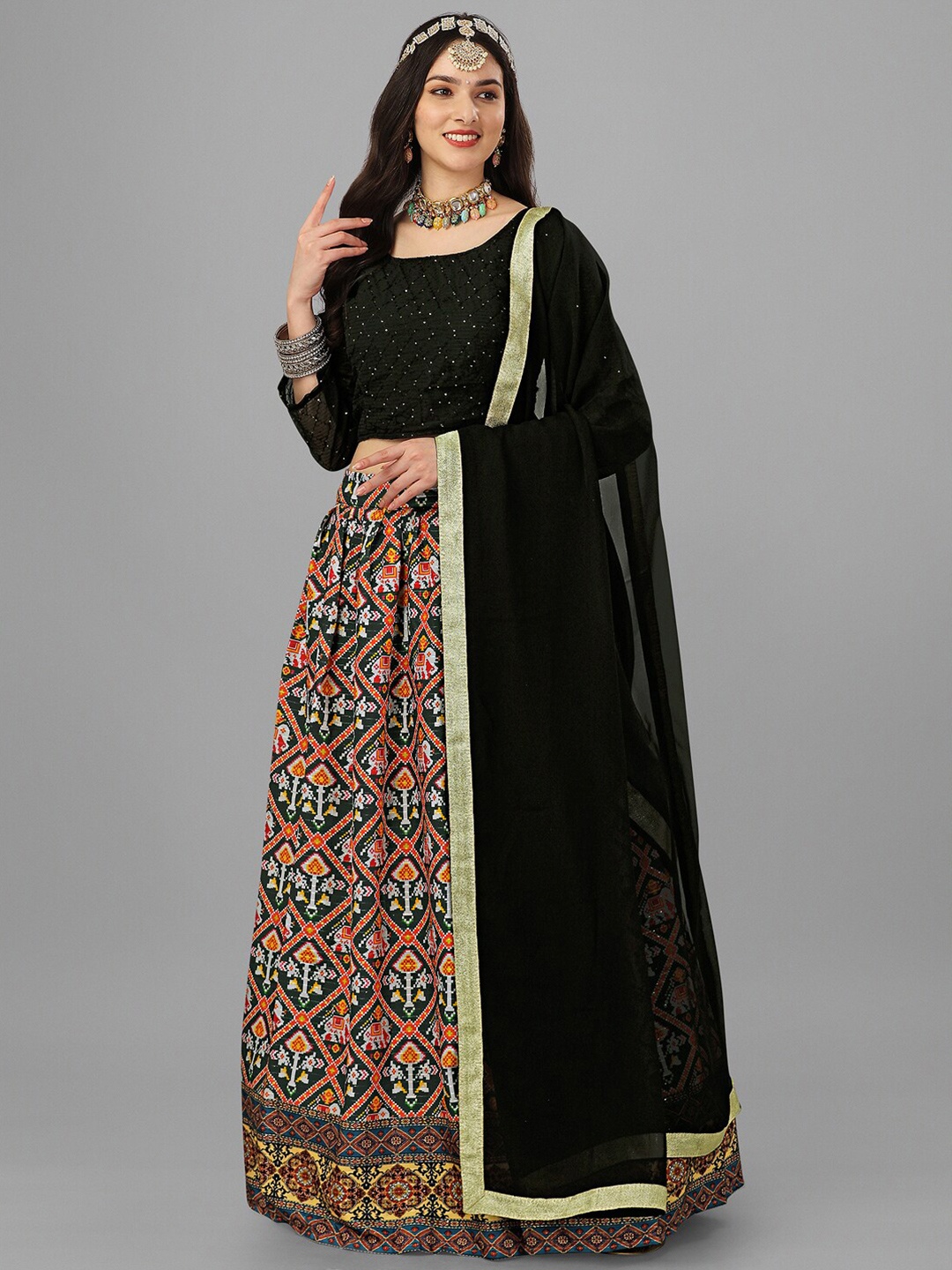 

Angroop Embellished Satin Semi-Stitched Lehenga & Unstitched Blouse With Dupatta, Black