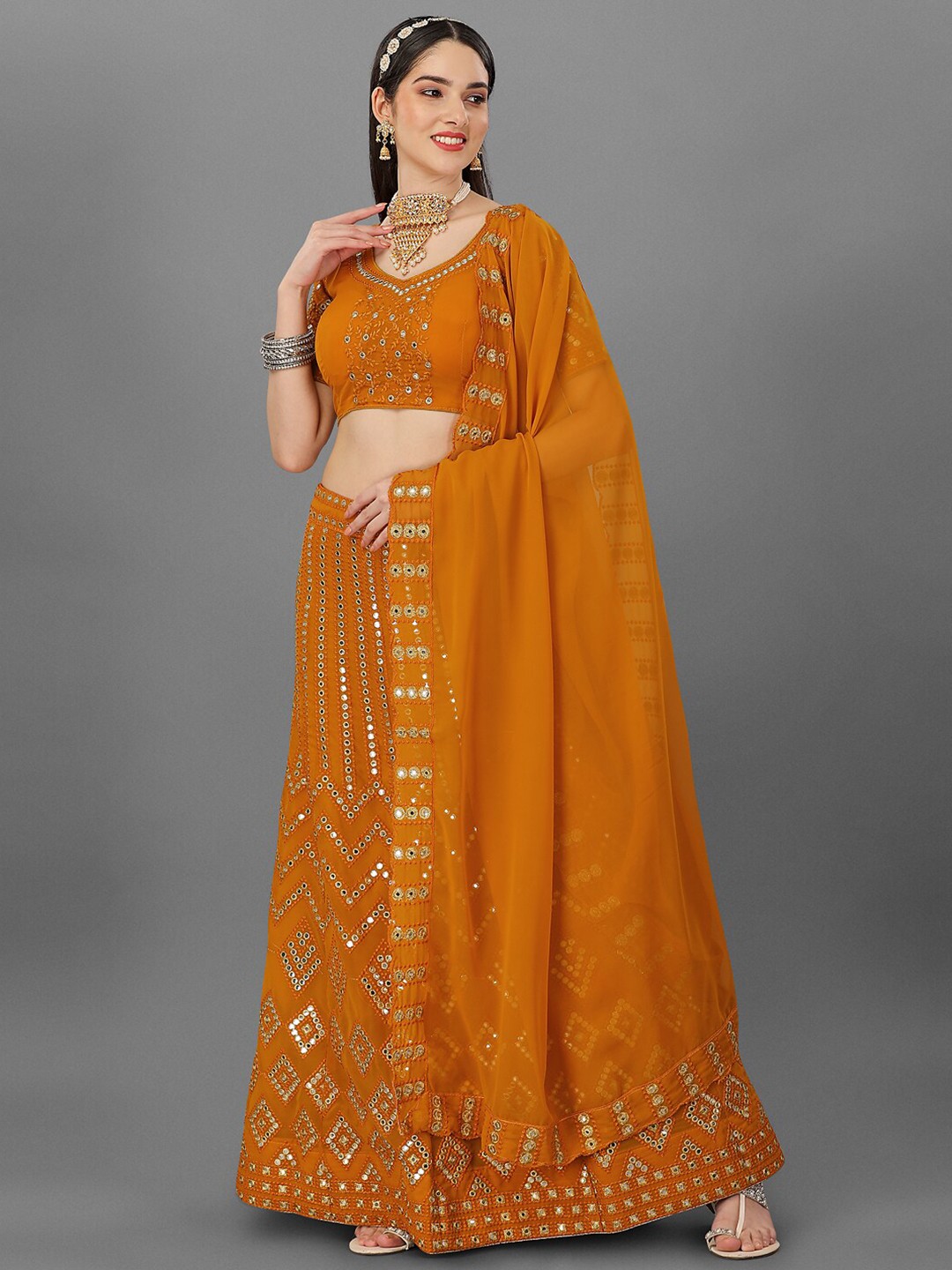 

Angroop Embroidered Semi-Stitched Lehenga & Unstitched Blouse With Dupatta, Mustard