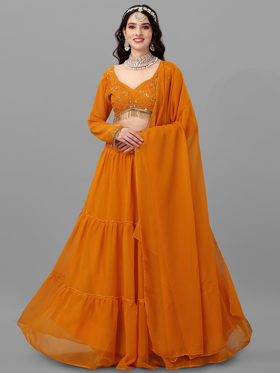 

Angroop Floral Embroidered Sequinned Semi-Stitched Lehenga Choli With Dupatta, Mustard