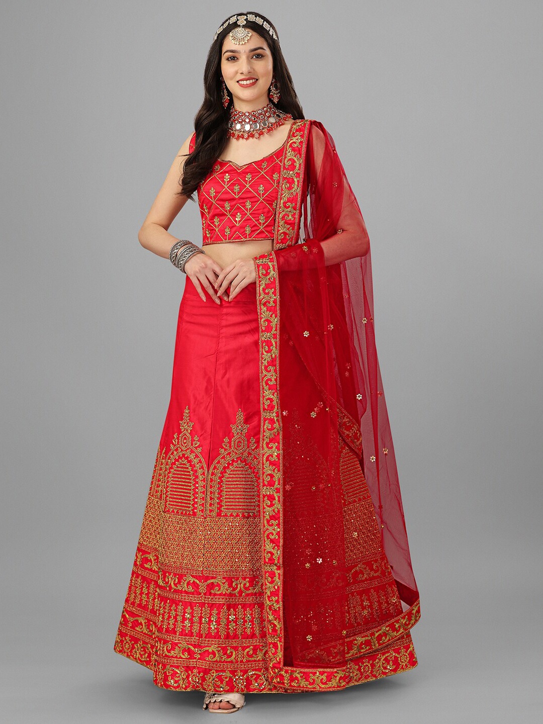 

Angroop Embroidered Satin Semi-Stitched Lehenga & Unstitched Blouse With Dupatta, Red