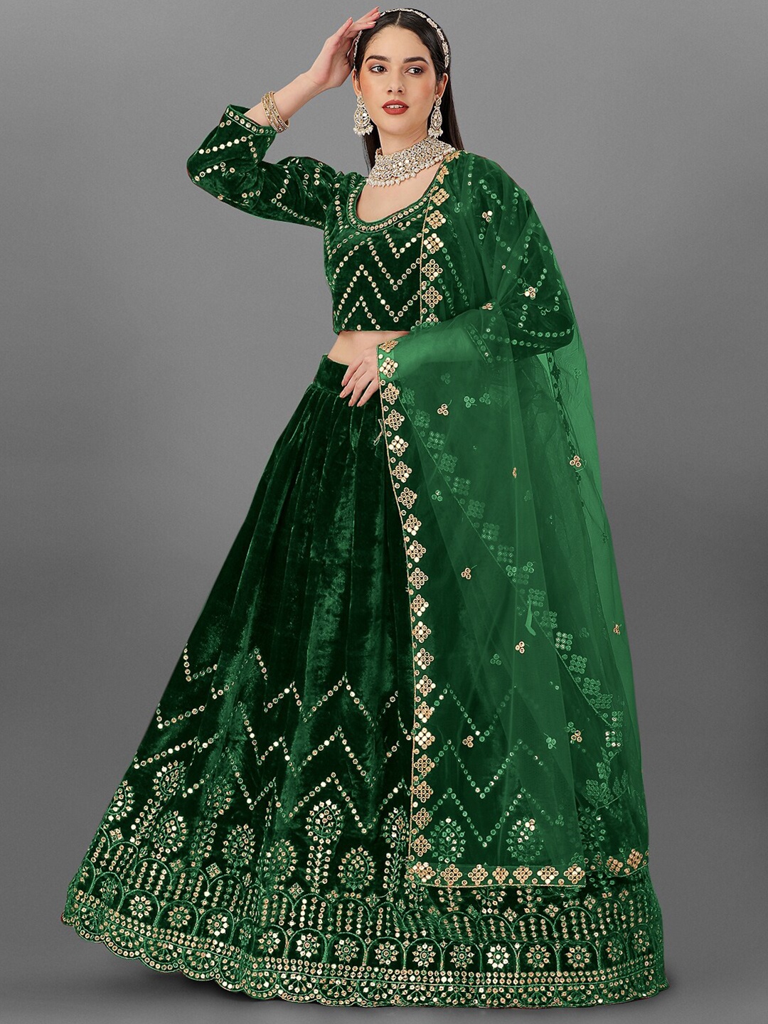 

Angroop Embellished Velvet Semi-Stitched Lehenga & Unstitched Blouse With Dupatta, Green