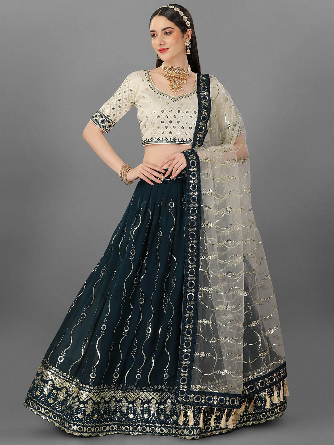 

Angroop Embellished Sequinned Semi-Stitched Lehenga & Unstitched Blouse With Dupatta, Navy blue