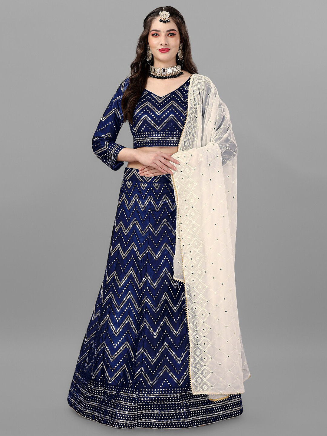 

Angroop Embroidered Satin Semi-Stitched Lehenga & Unstitched Blouse With Dupatta, Navy blue