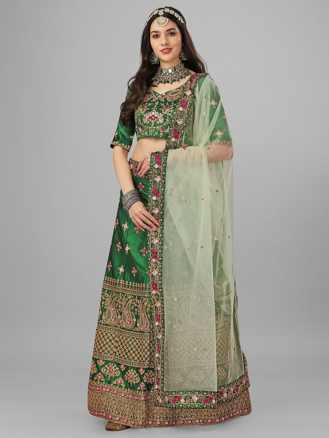 

Angroop Embroidered Thread Work Semi-Stitched Lehenga & Unstitched Blouse With Dupatta, Green