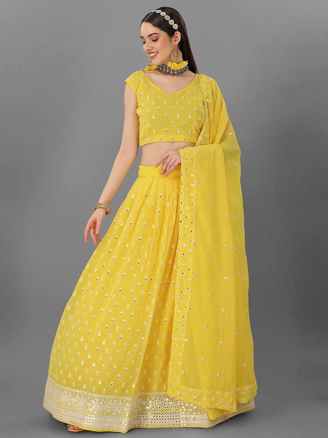 

Angroop Embellished Mirror Work Semi-Stitched Lehenga & Unstitched Blouse With Dupatta, Yellow
