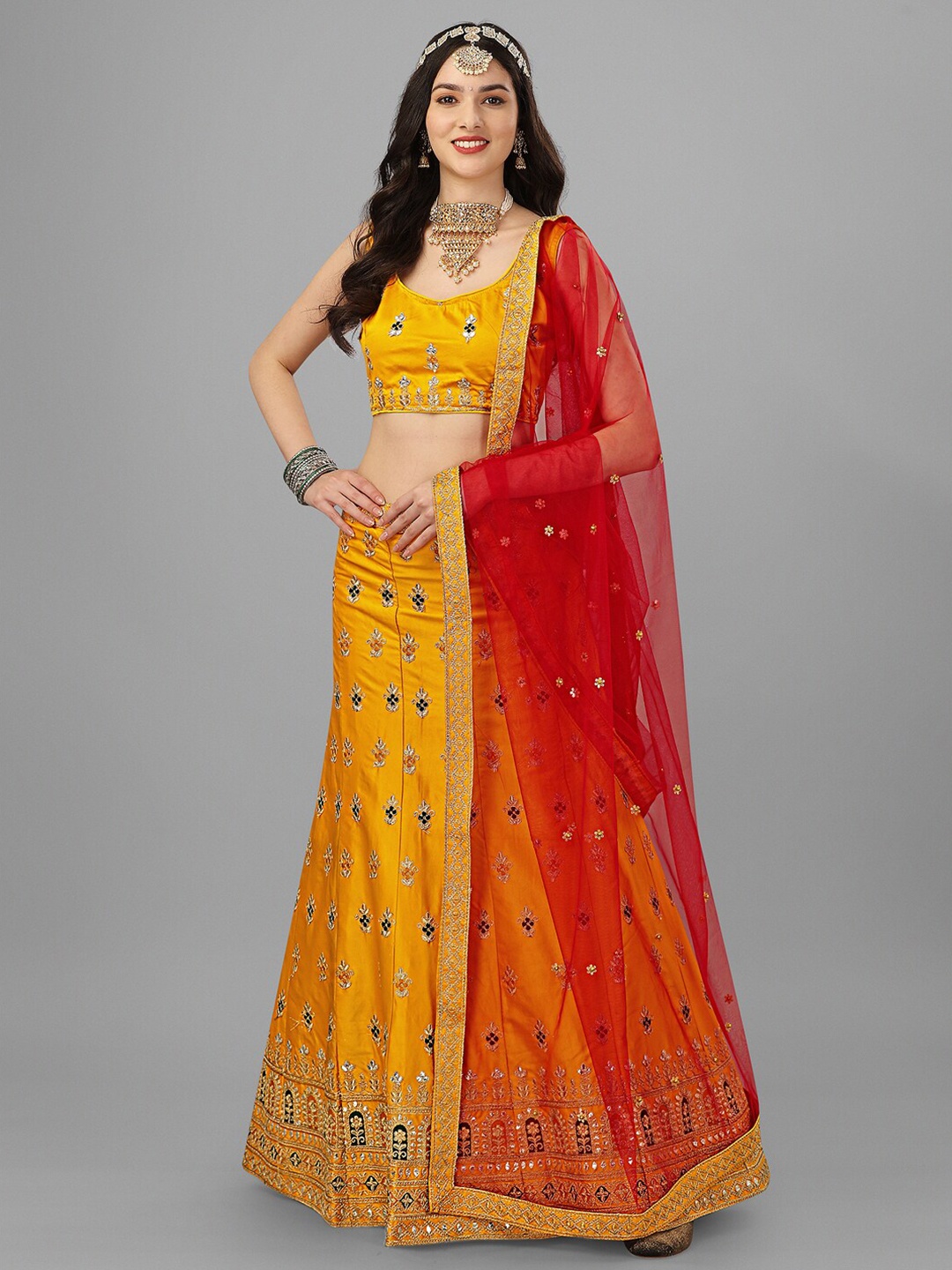 

Angroop Embroidered Thread Work Semi-Stitched Lehenga & Unstitched Blouse With Dupatta, Yellow