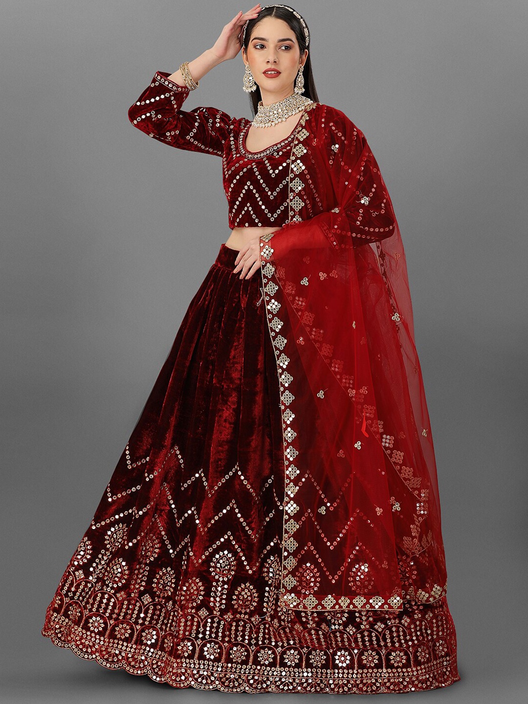 

Angroop Embroidered Mirror Work Semi-Stitched Lehenga & Blouse With Dupatta, Maroon