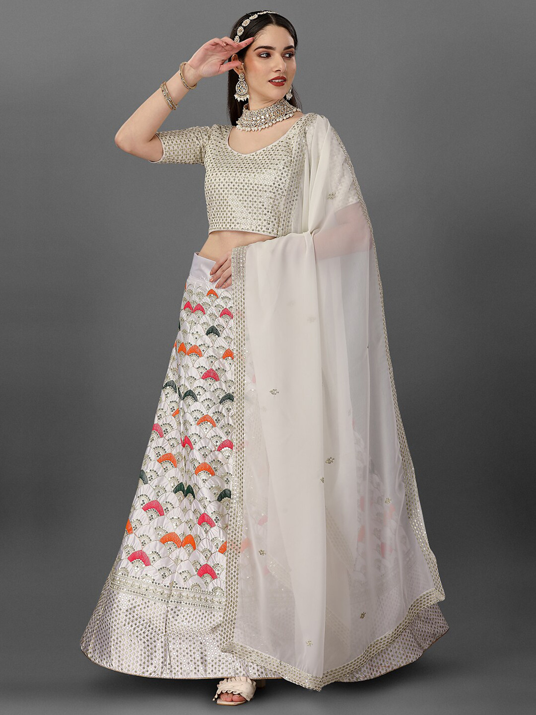 

Angroop Embellished Sequinned Semi-Stitched Lehenga & Blouse With Dupatta, Grey