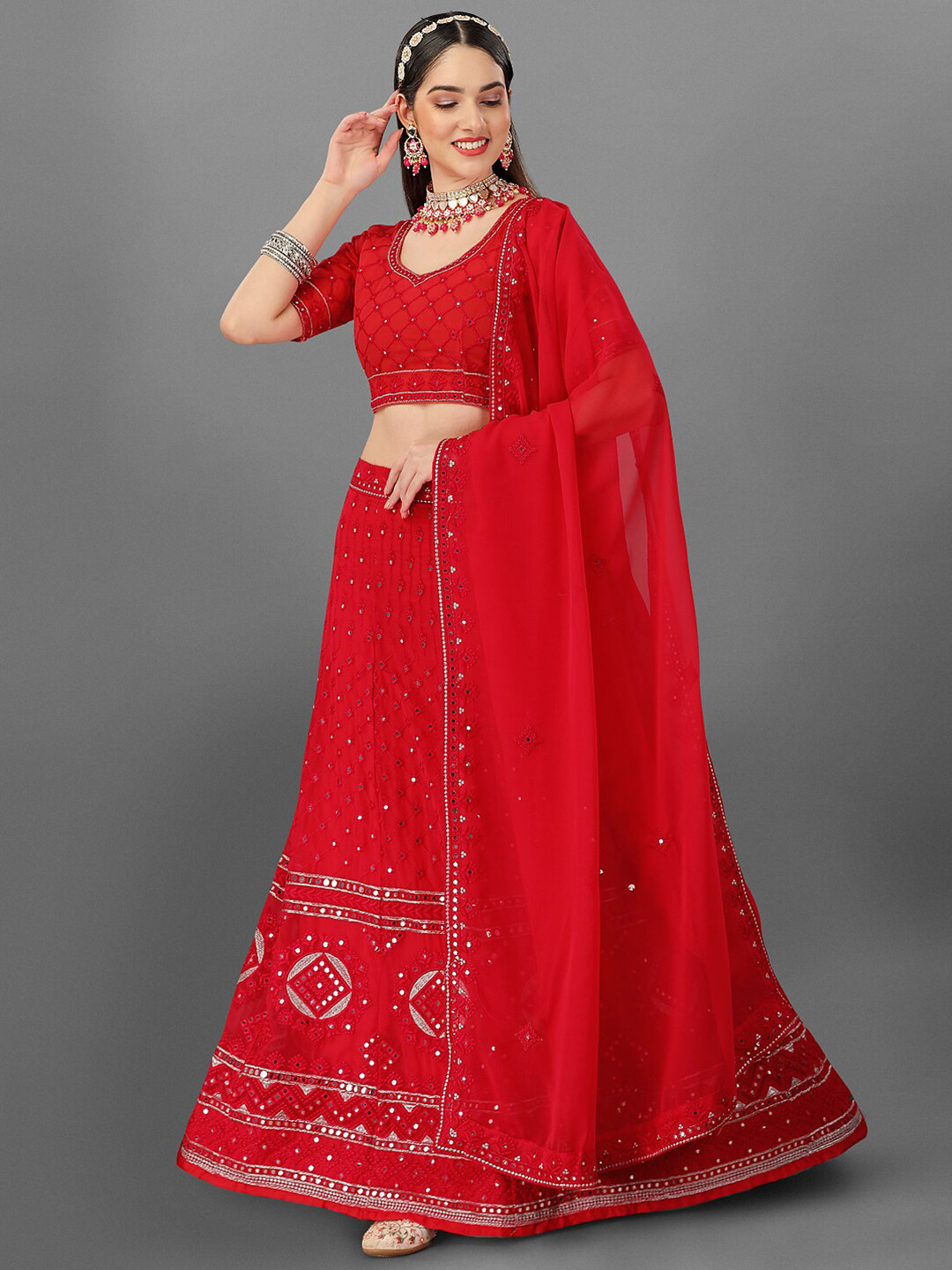 

Angroop Embellished Mirror Work Semi-Stitched Lehenga & Unstitched Blouse With Dupatta, Red