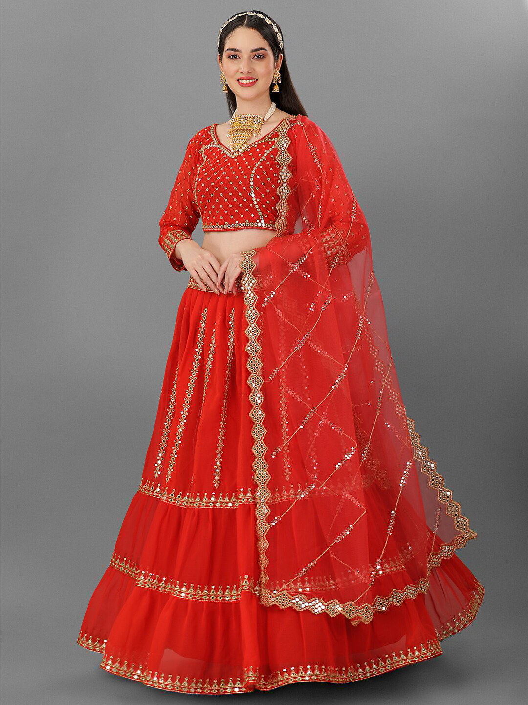 

Angroop Embellished Mirror Work Semi-Stitched Lehenga & Unstitched Blouse With Dupatta, Red
