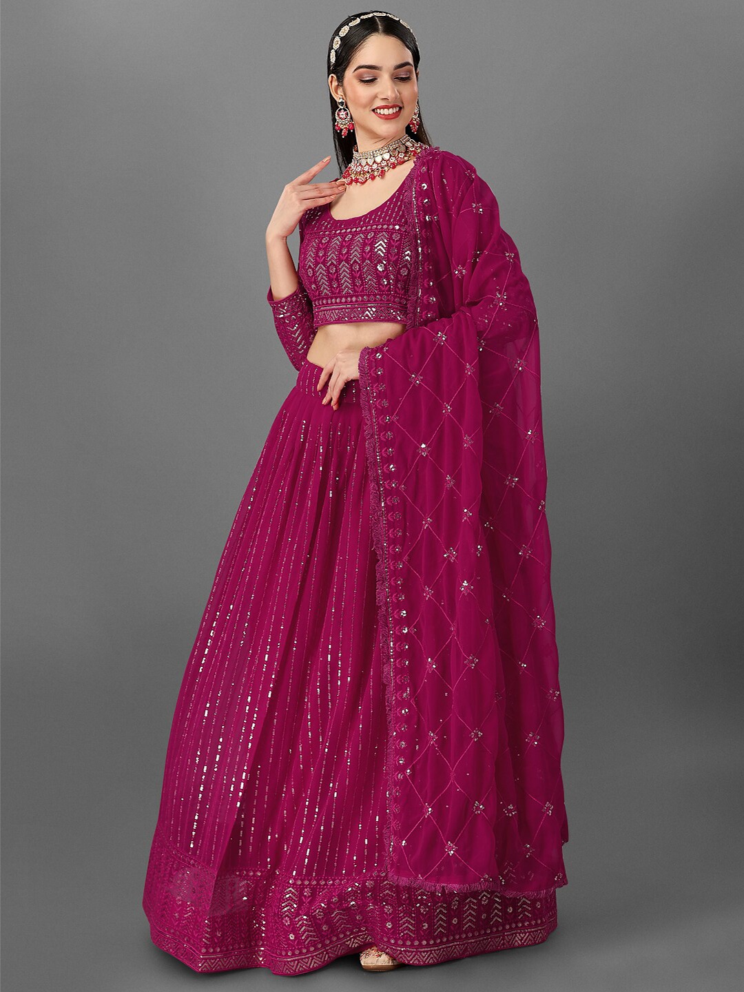 

Angroop Embellished Sequinned Semi-Stitched Lehenga & Blouse With Dupatta, Pink
