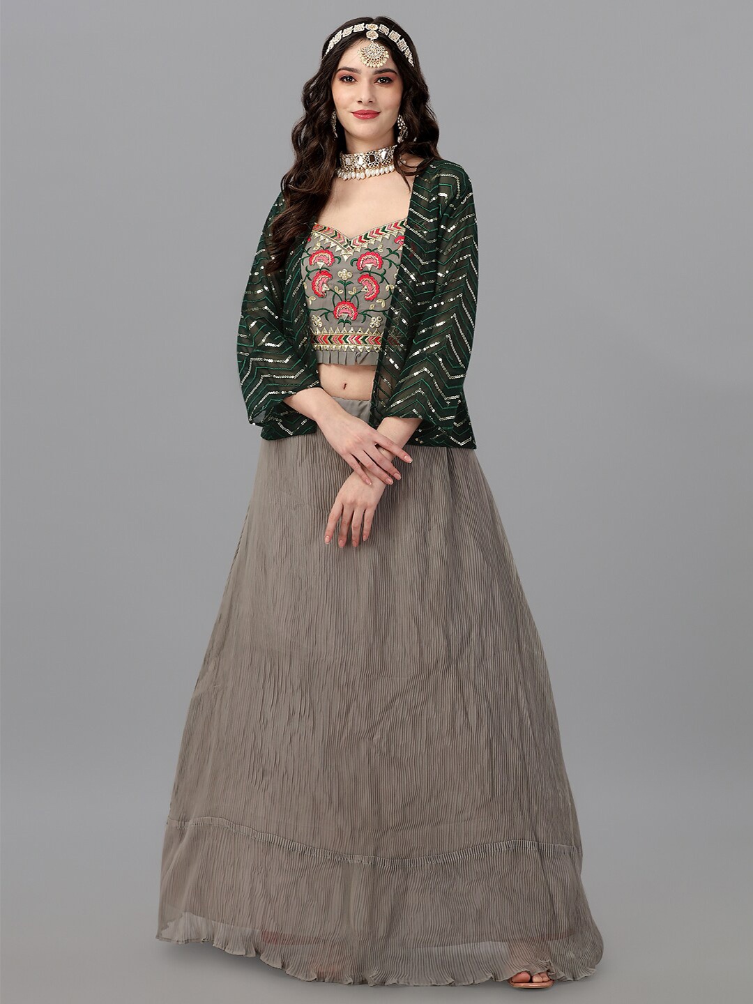 

Angroop Embroidered Thread Work Semi-Stitched Lehenga & Unstitched Blouse With Dupatta, Grey