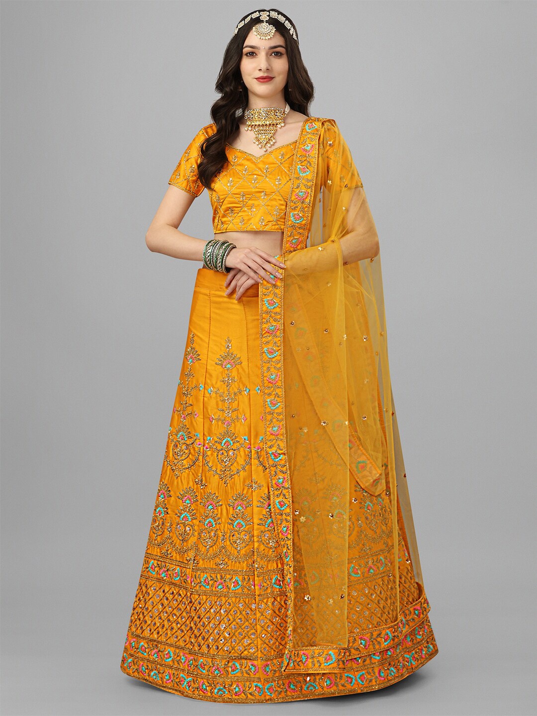 

Angroop Embroidered Thread Work Semi-Stitched Lehenga & Unstitched Blouse With Dupatta, Yellow