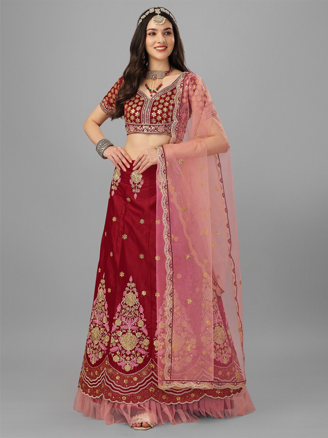 

Angroop Embroidered Sequinned Semi-Stitched Lehenga Choli With Dupatta, Maroon