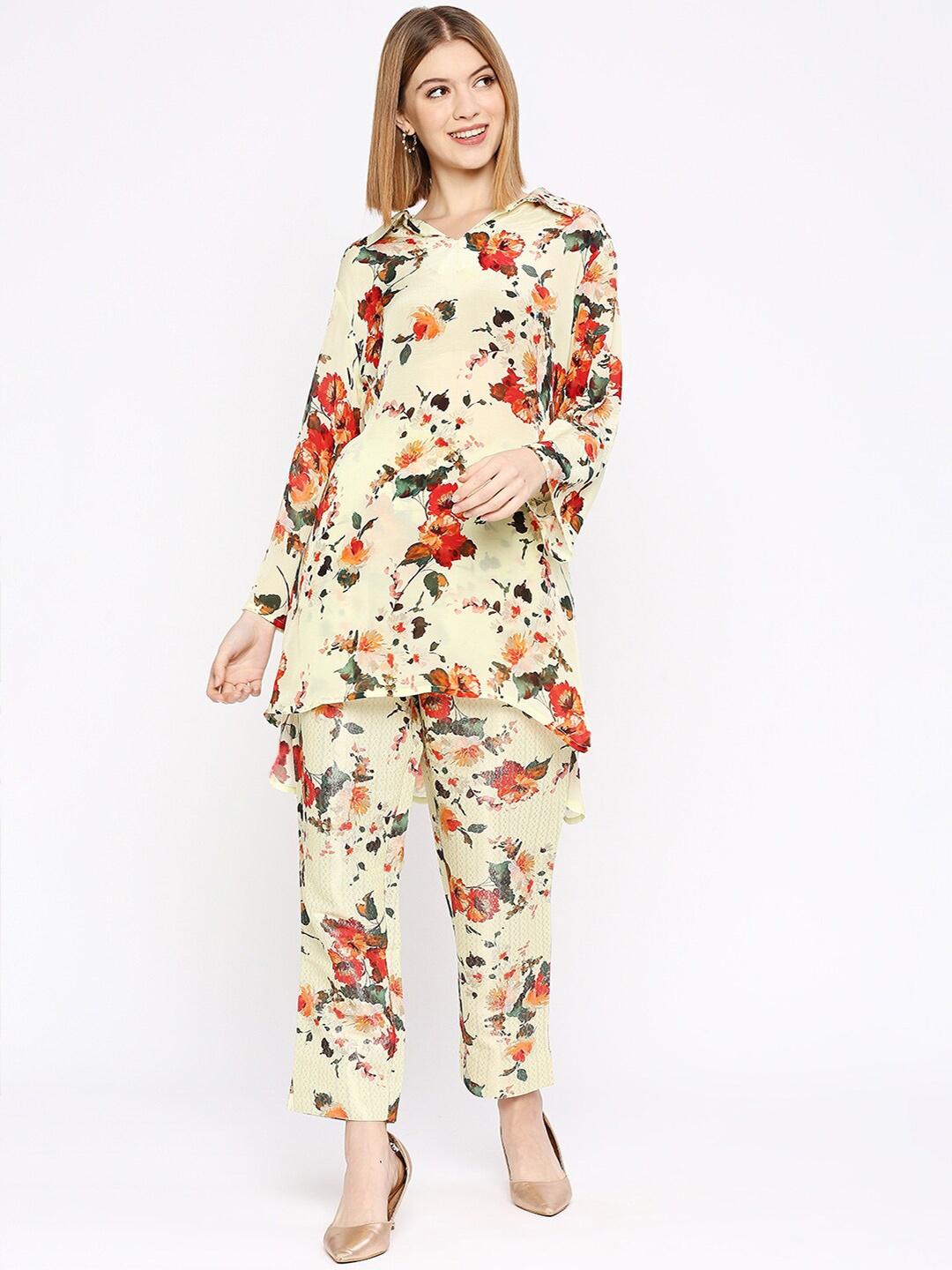 

Cloth Haus India Floral Printed Longline Shirt Style Top, Yellow