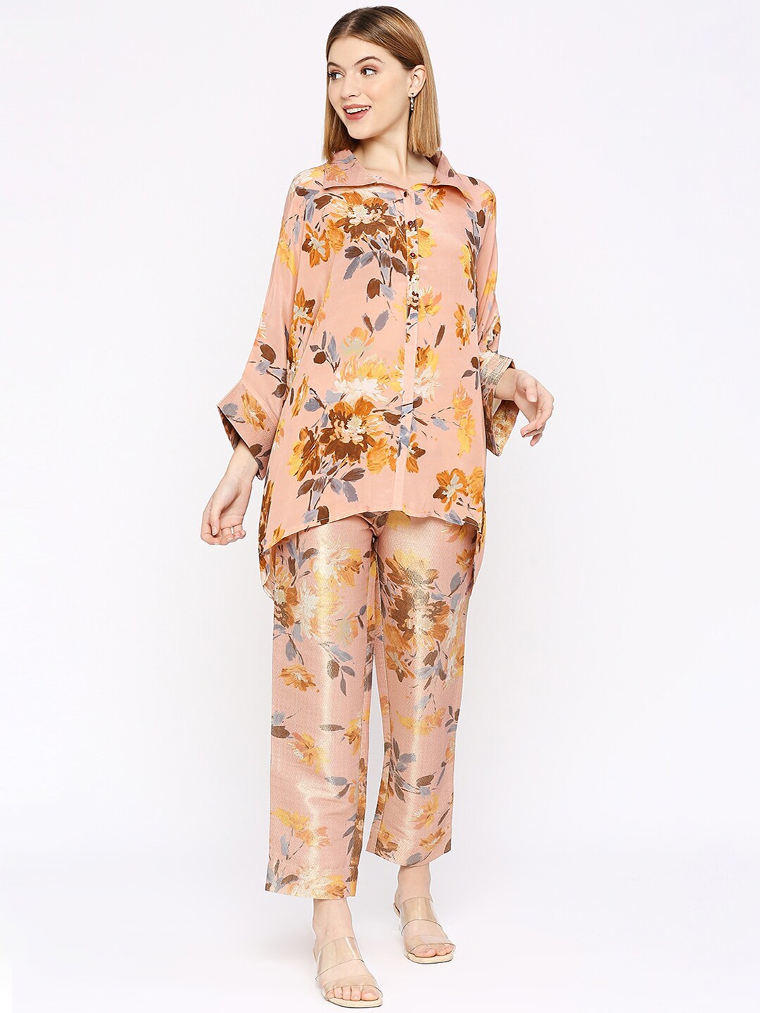

Cloth Haus India FFloral Printed Shirt Style Brocade Top, Peach