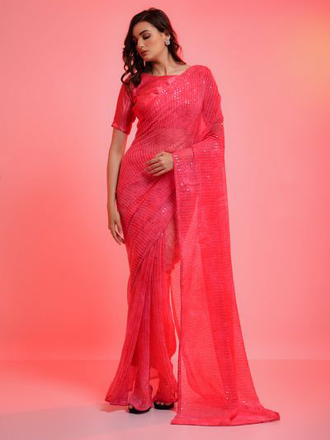 

Mitera Embellished Sequinned Pure Chiffon Saree, Pink