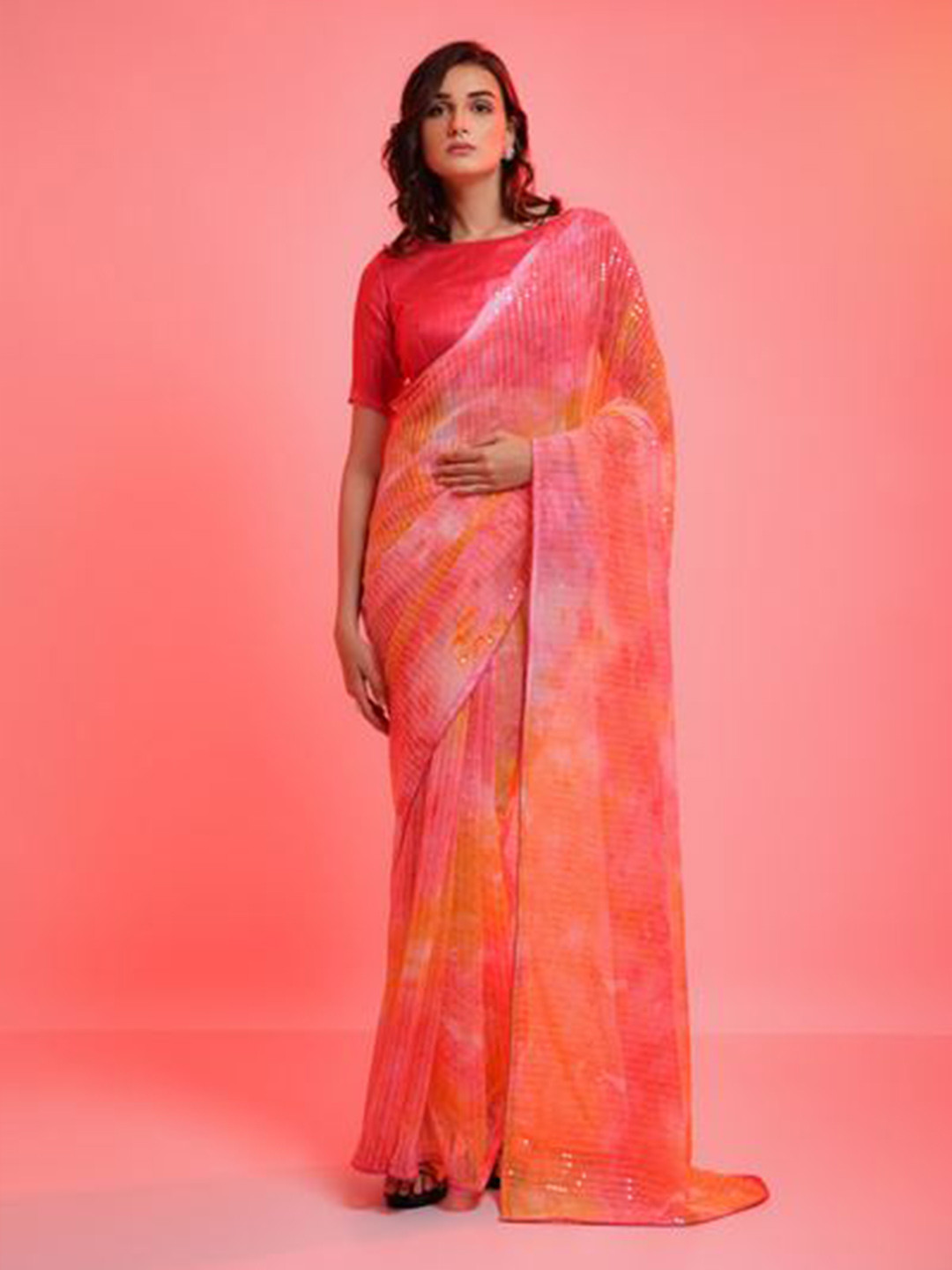 

Mitera Embellished Sequinned Pure Chiffon Saree, Pink