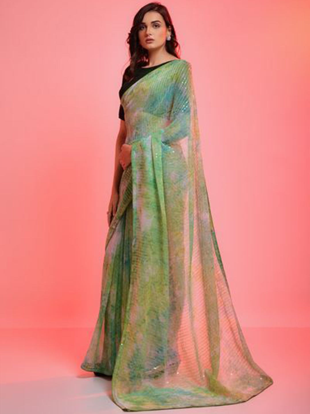 

Mitera Embellished Sequinned Saree, Lime green