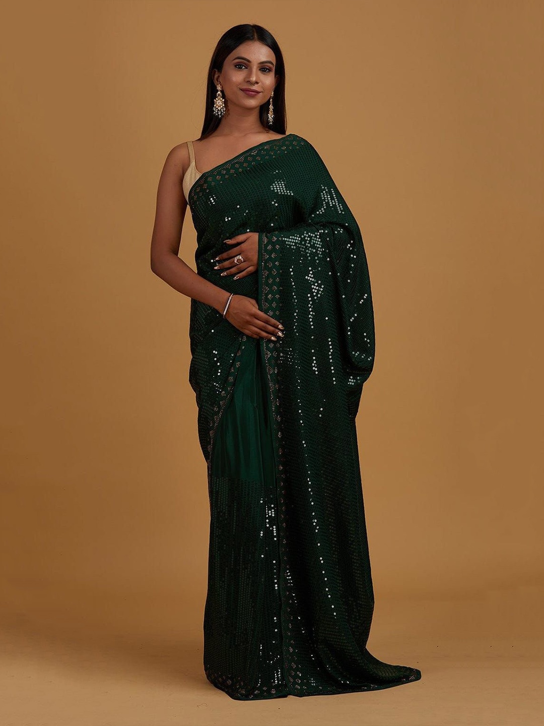 

Mitera Embellished Sequinned Saree, Green