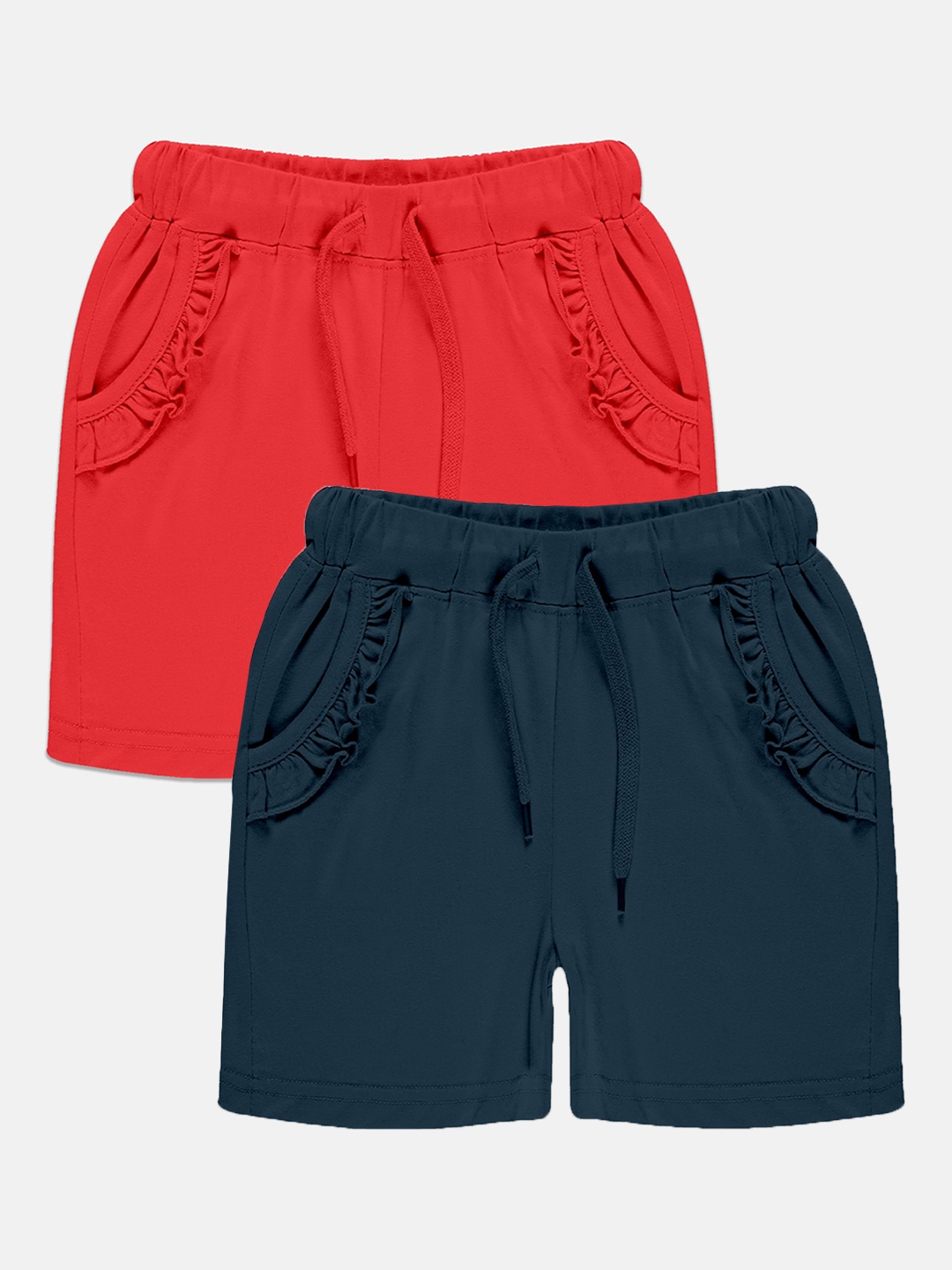 

KiddoPanti Girls Pack of 2 Frill Pocket Pure Cotton Hot Shorts, Navy blue