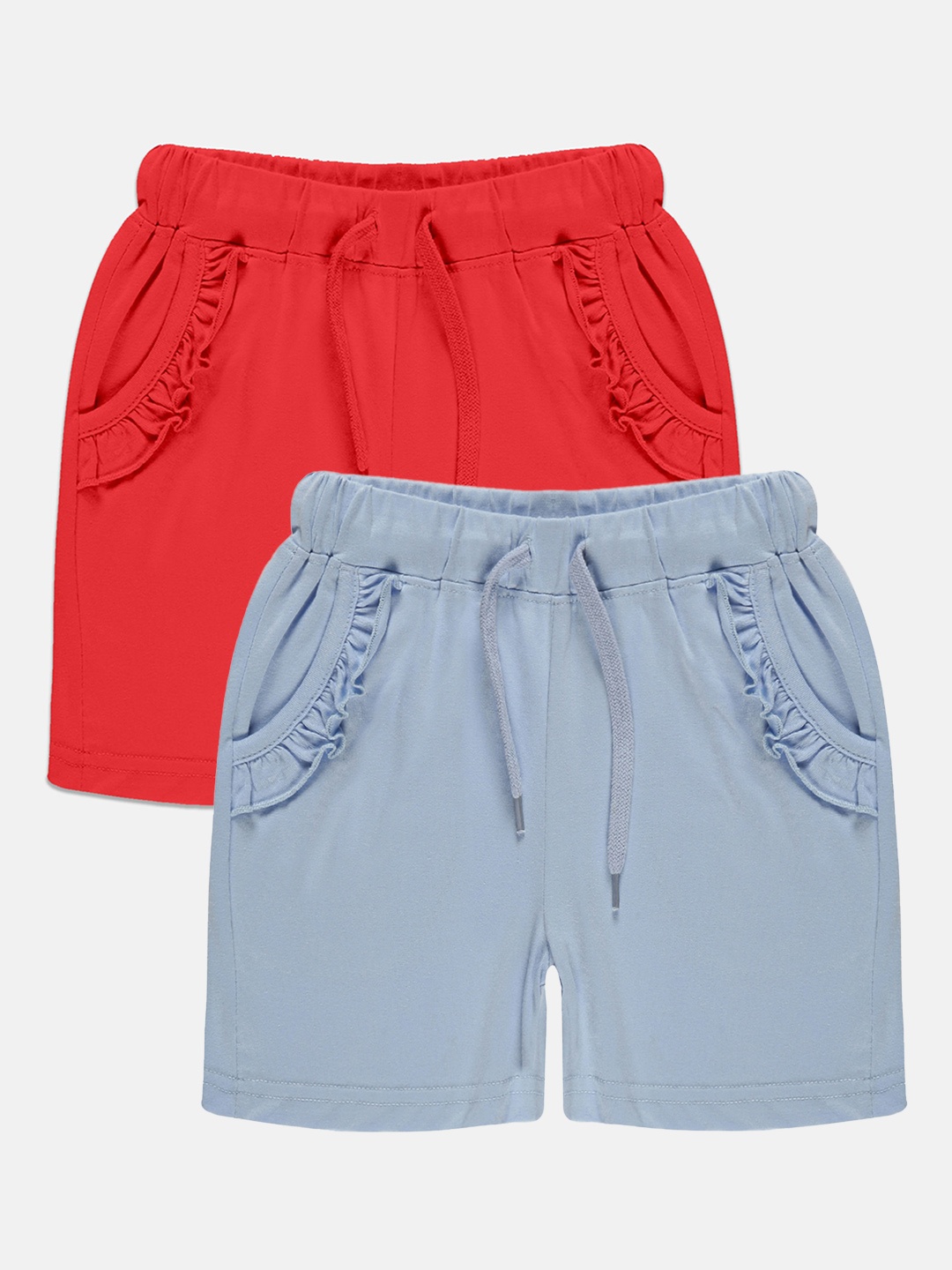 

KiddoPanti Girls Pack of 2 Frill Pocket Pure Cotton Hot Shorts, Blue
