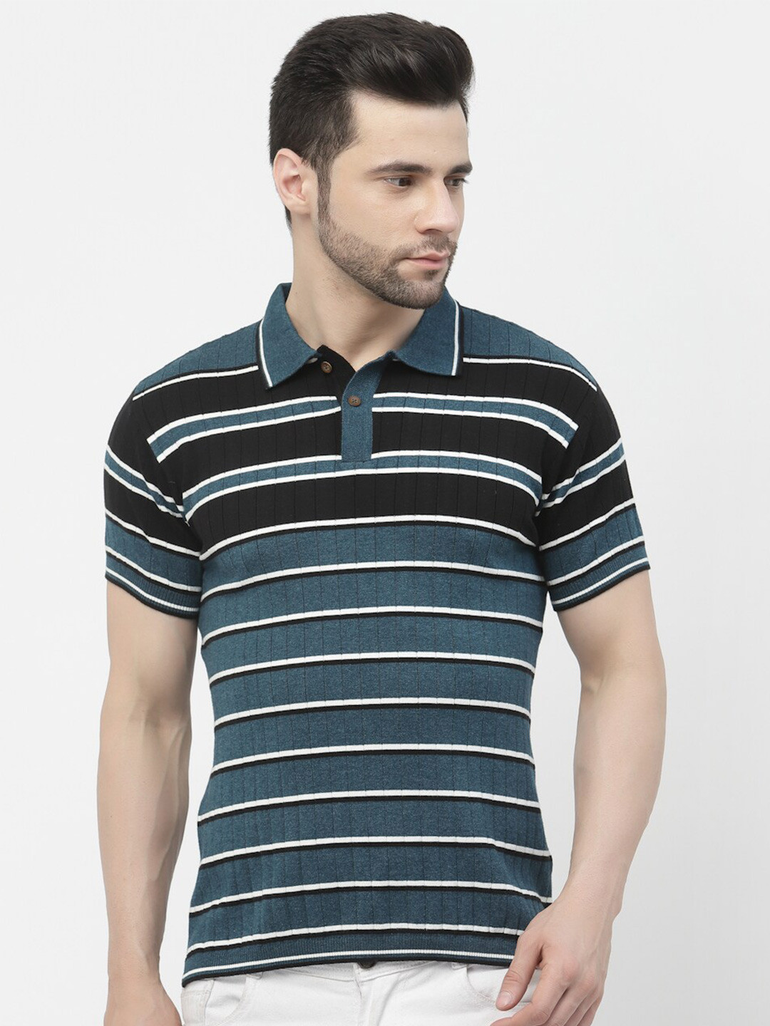 

Kalt Striped Polo Collar T-shirt, Teal