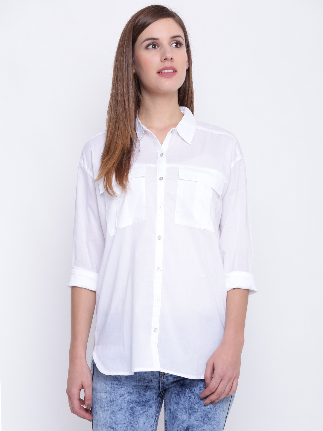 

FOREVER 21 Women White Solid Casual Shirt