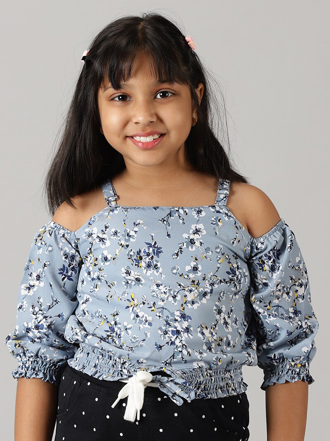 

KiddoPanti Girls Shoulder Straps Floral Printed Georgette Top, Blue