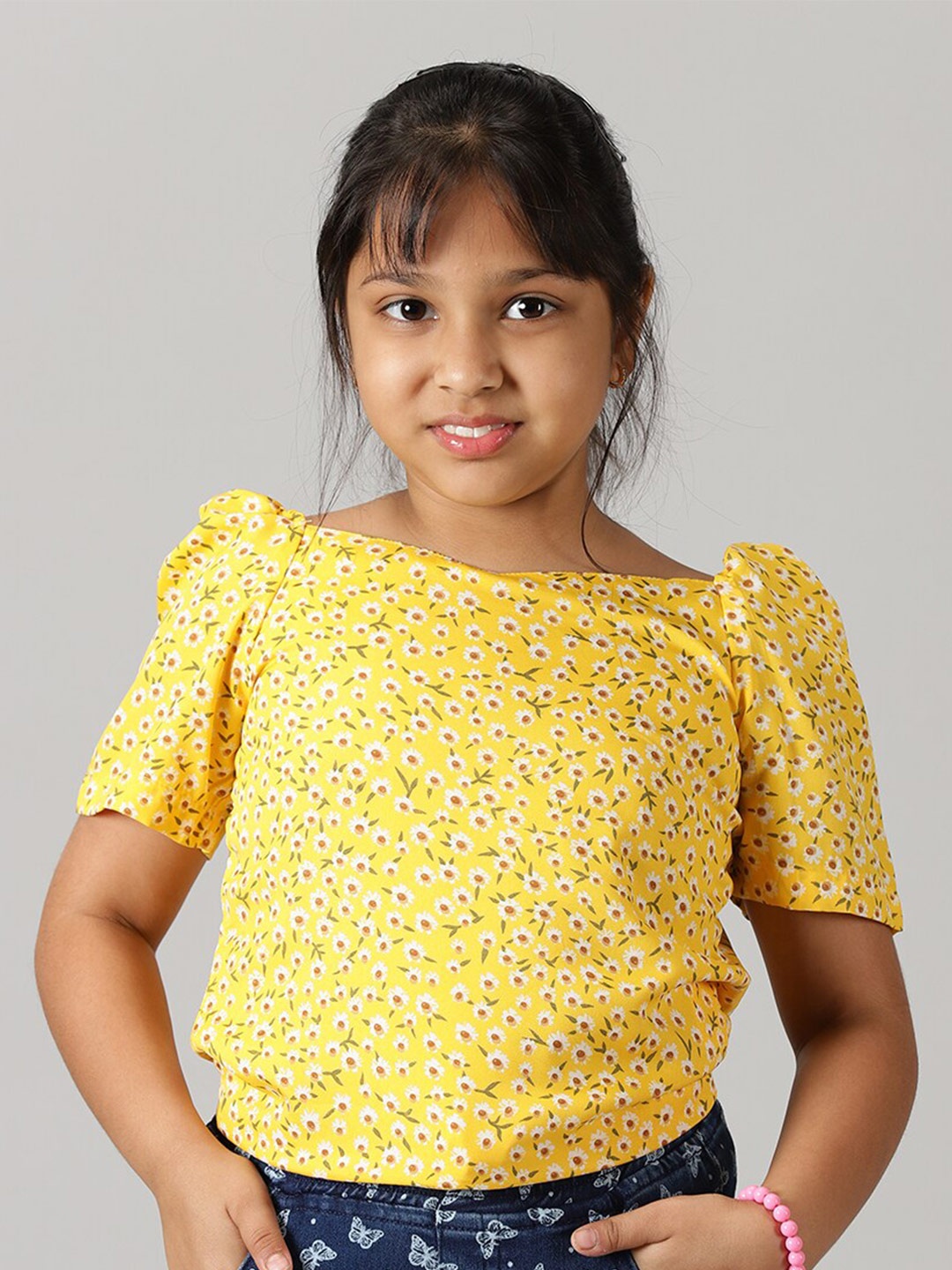 KiddoPanti Girls Floral Printed Puff Sleeves Georgette Top, Yellow