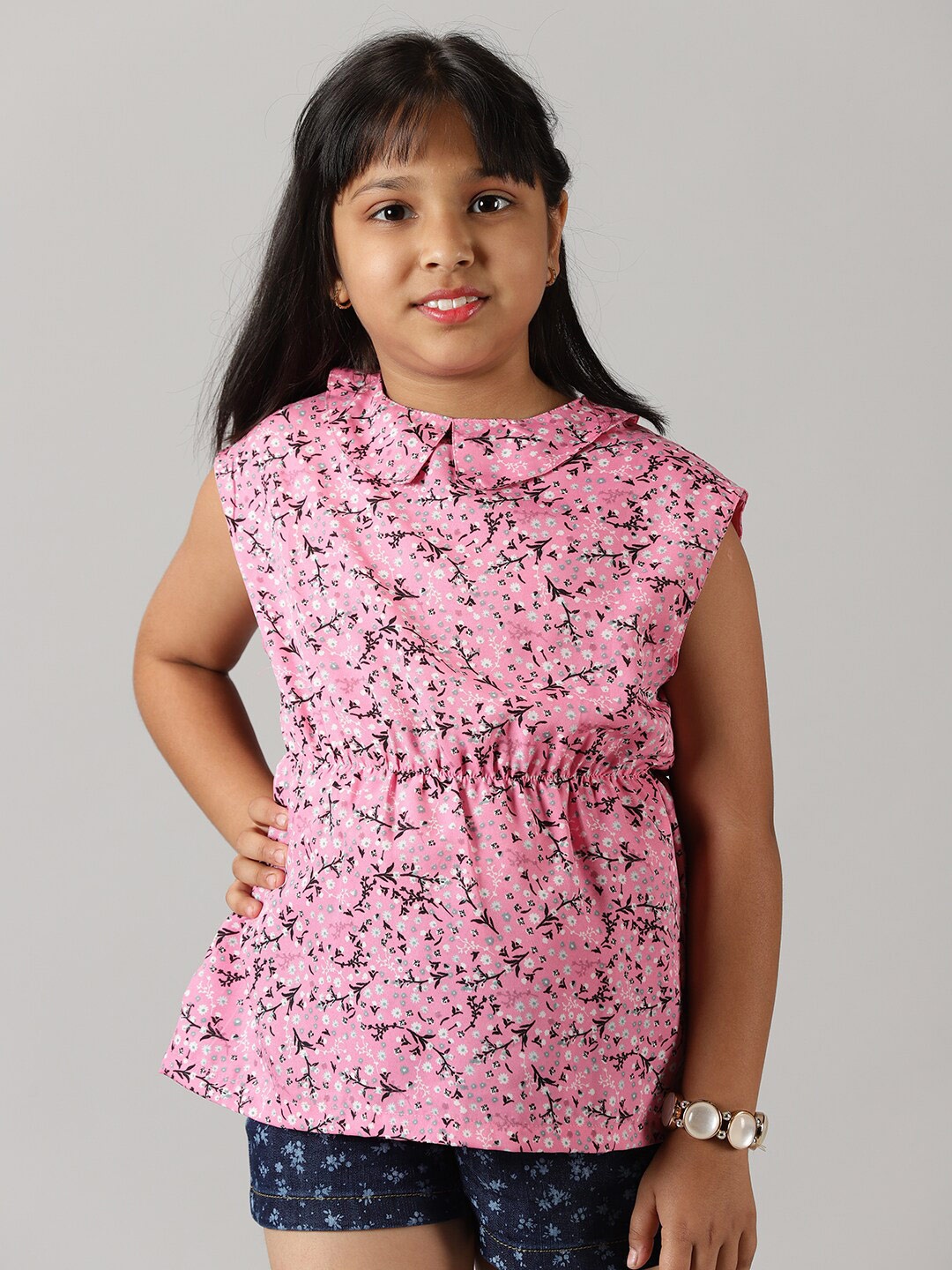 

KiddoPanti Girls Peter Pan Collar Floral Printed Cinched Waist Georgette Top, Pink