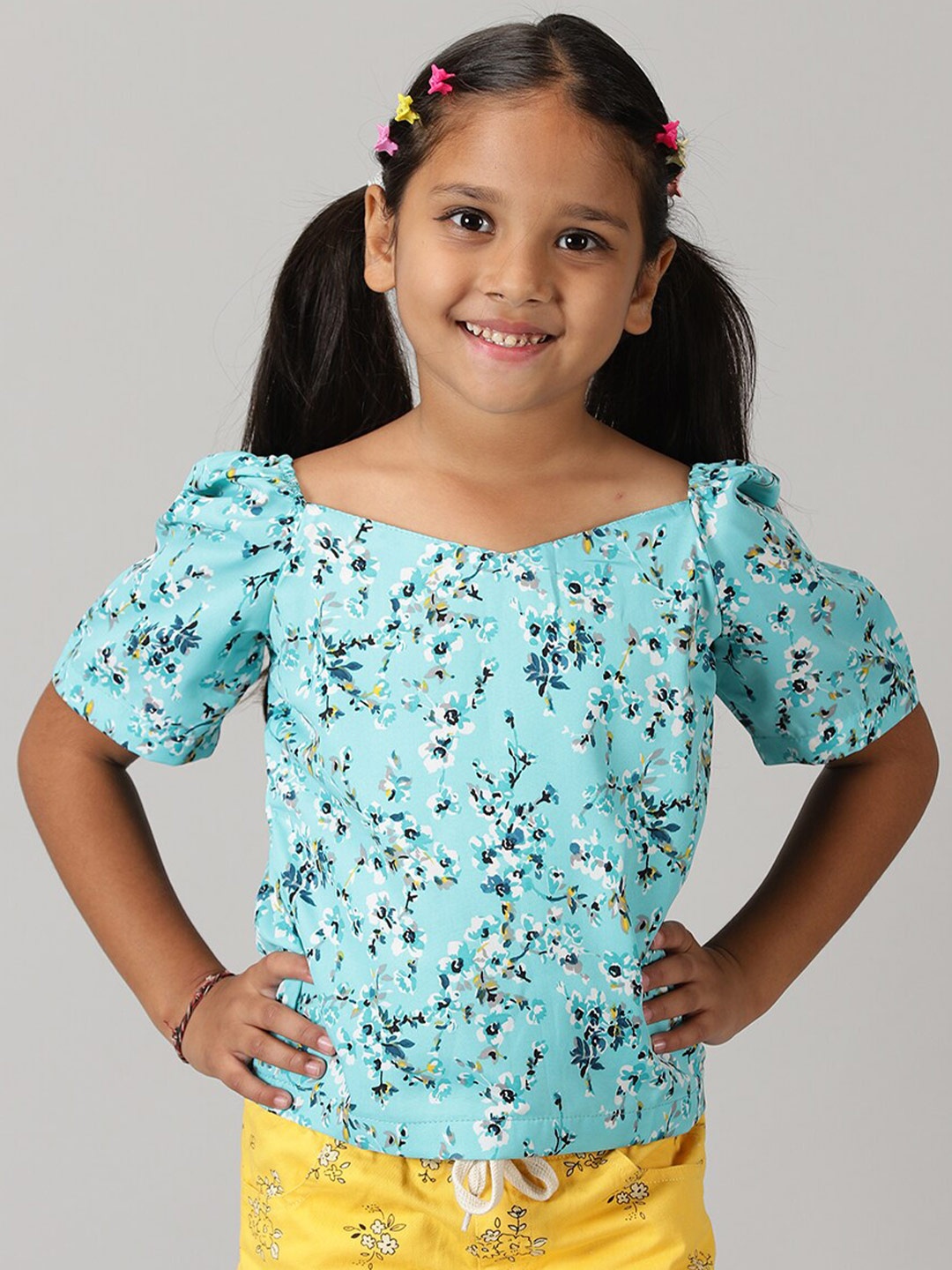 

KiddoPanti Square Neck Floral Printed Georgette Top, Blue