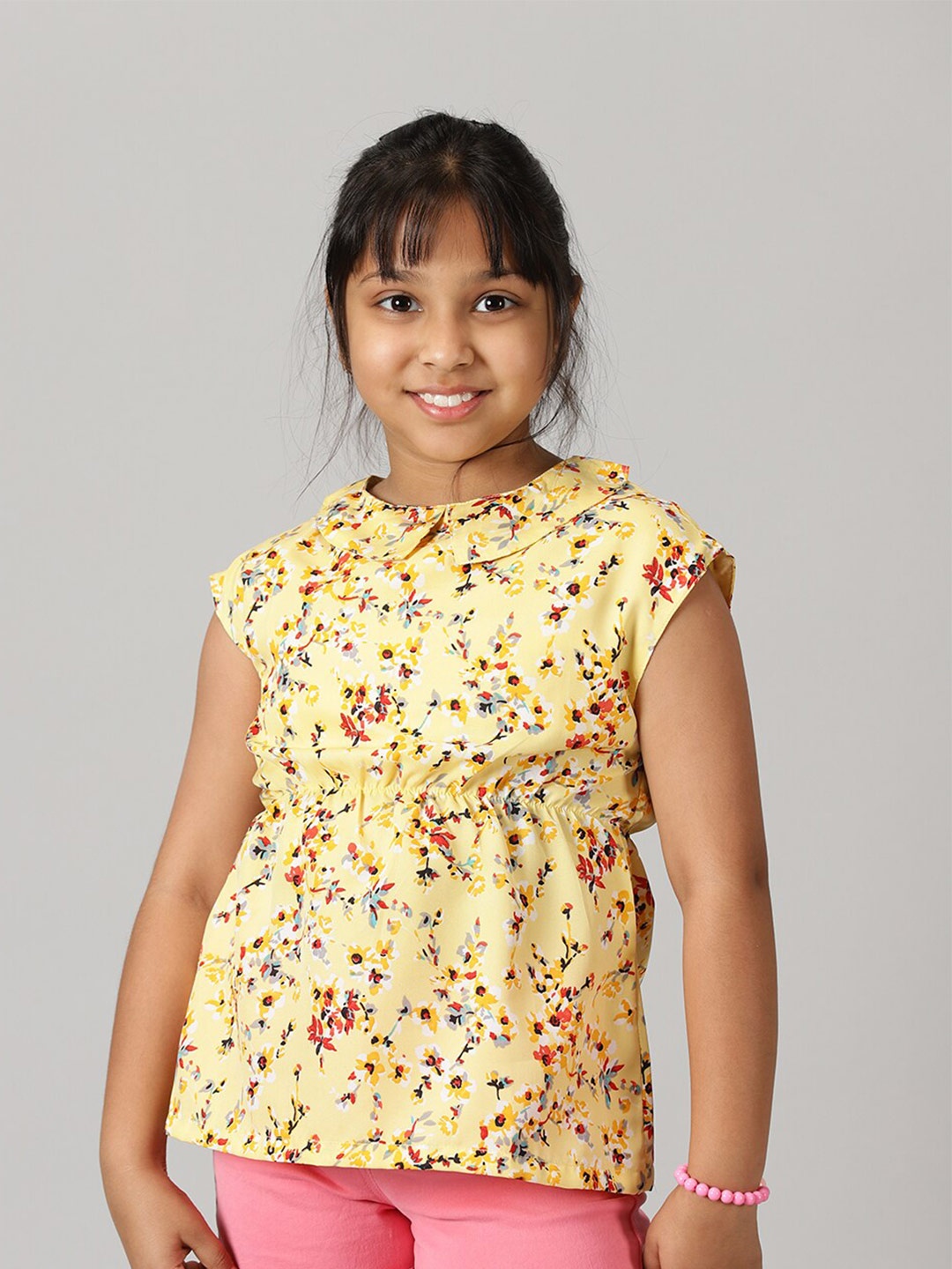 

KiddoPanti Girls Peter Pan Collar Floral Printed Cinched Waist Georgette Top, Yellow