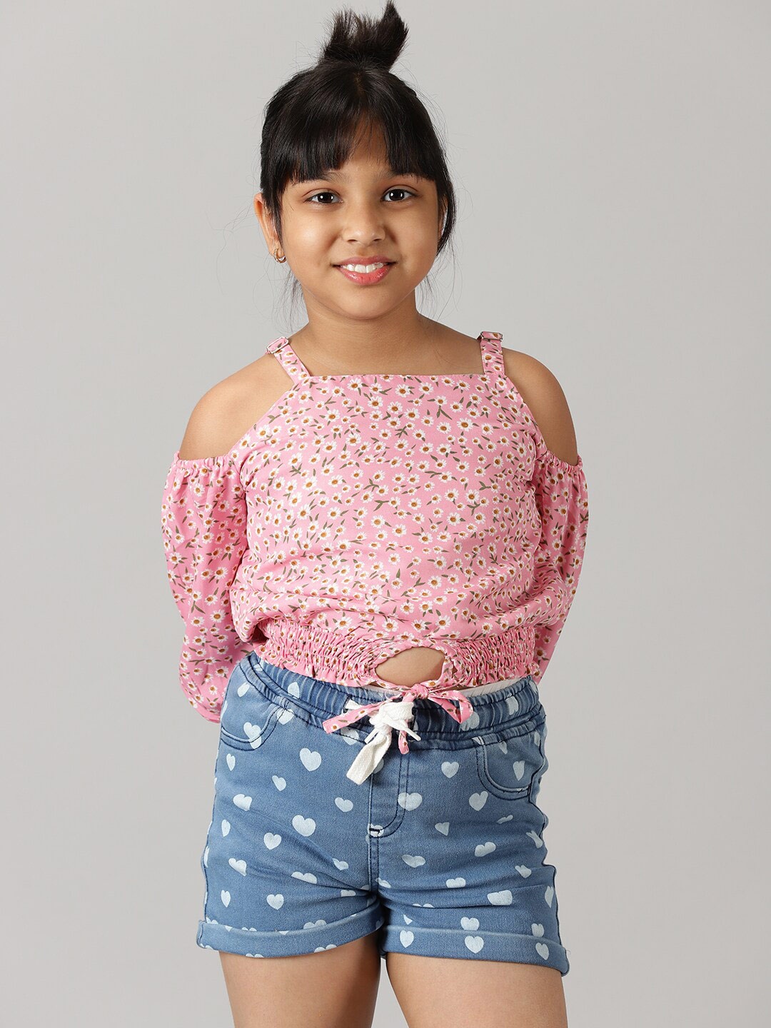 

KiddoPanti Girls Printed Cold Shoulder Square Neck Top With Shorts, Pink