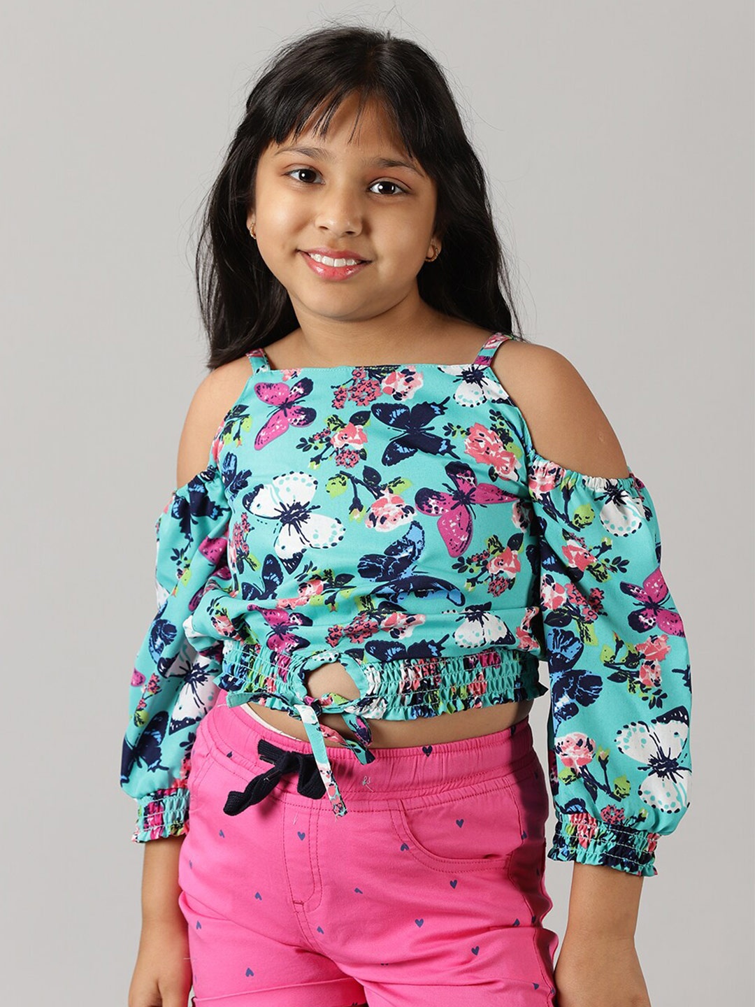 

KiddoPanti Girls Printed Shoulder Straps Crop Top with Shorts Clothing Set, Turquoise blue