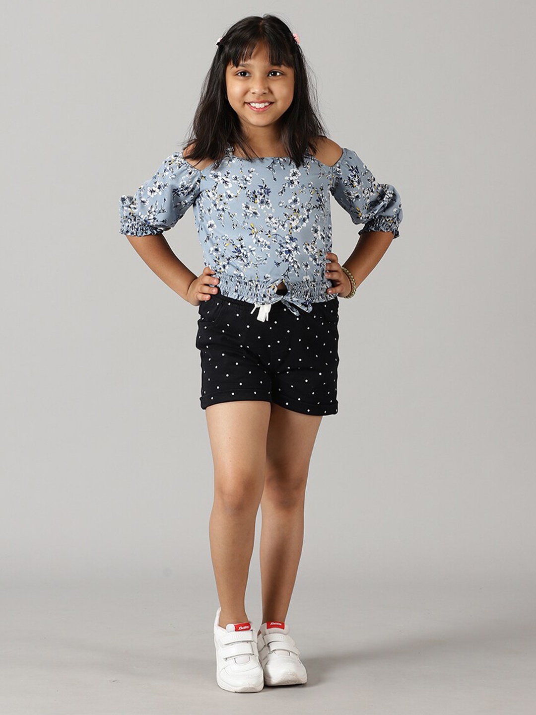

KiddoPanti Girls Printed Cold Shoulder Top With Shorts, Blue