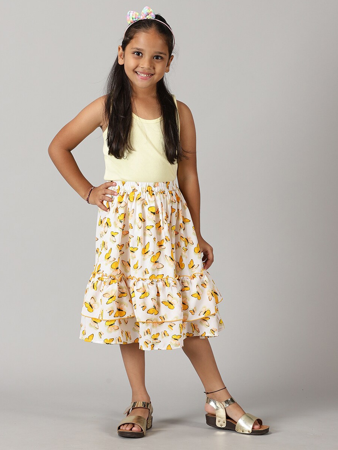 

KiddoPanti Girls Racerback Top with Printed Frill Layered Skirt, Yellow