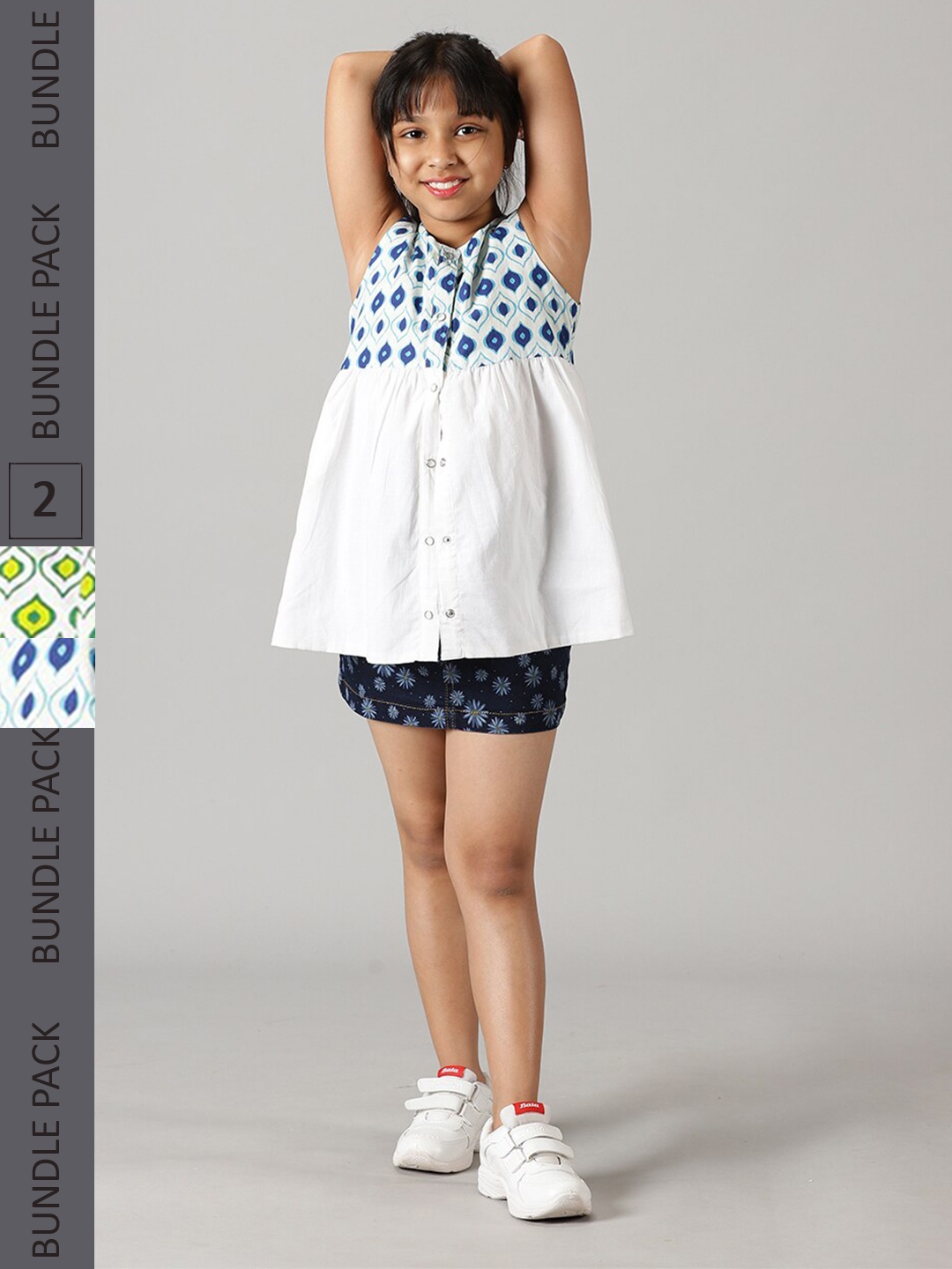 

KiddoPanti Girls Printed Pure Cotton Sleeveless Reversible Top with Skirt Clothing Set, White