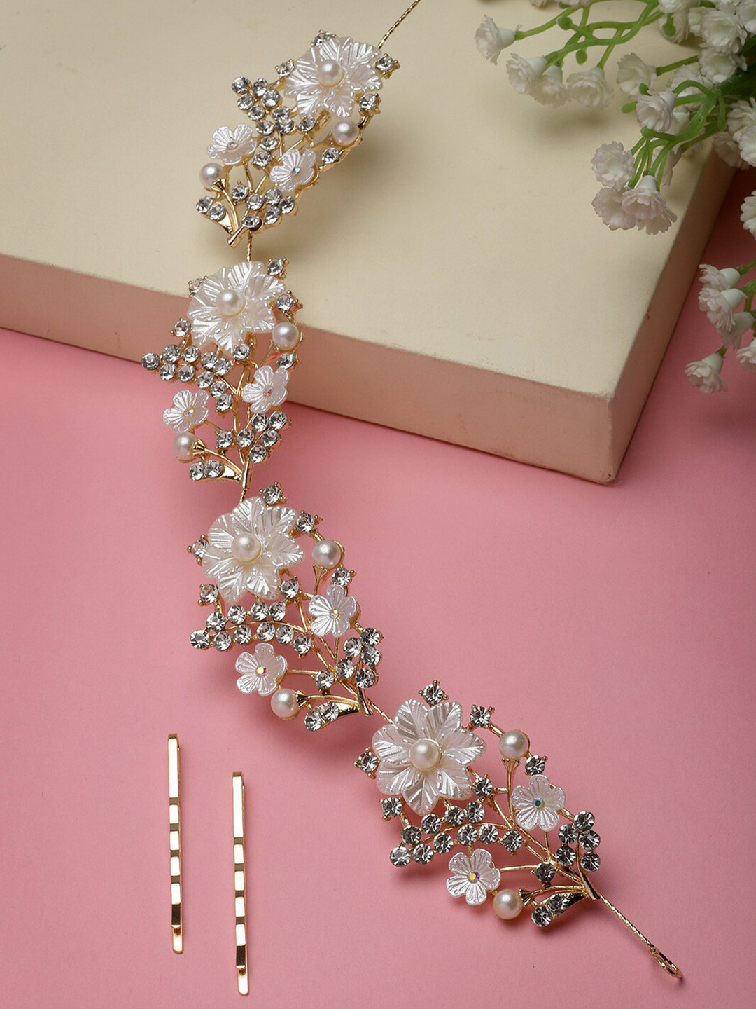 

PANASH Gold-Plated CZ Stone & Pearl Floral Shaped Embellished Handcrafted Tiara, White